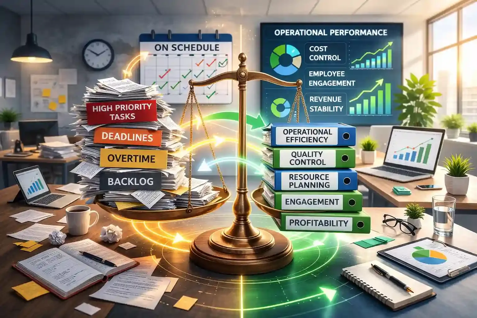 Balanced office scale showing workload distribution and efficiency